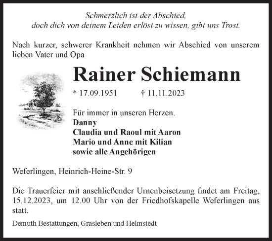 Traueranzeige von Rainer Schiemann von Volksstimme Haldensleben/Wolmirstedt