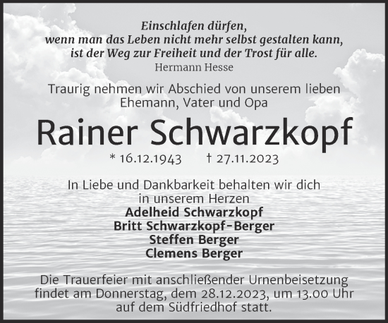 Traueranzeige von Rainer Schwarzkopf von Mitteldeutsche Zeitung Halle/Saalkreis