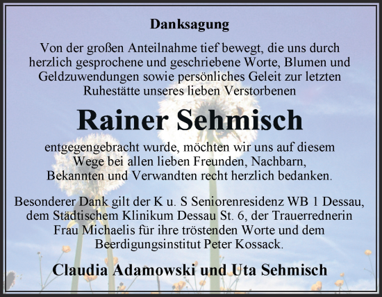Traueranzeige von Rainer Sehmisch von Trauerkombi Wittenberg