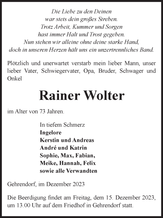 Traueranzeige von Rainer Wolter von Volksstimme Altmark West