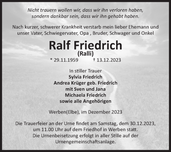 Traueranzeige von Ralf Friedrich von Volksstimme Altmark Ost
