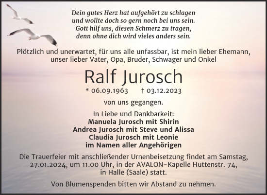 Traueranzeige von Ralf Jurosch von Mitteldeutsche Zeitung Halle/Saalkreis