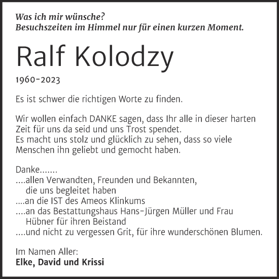 Traueranzeige von Ralf Kolodzy von Trauerkombi Aschersleben