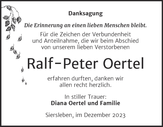 Traueranzeige von Ralf-Peter Oertel von Trauerkombi Mansfelder Land
