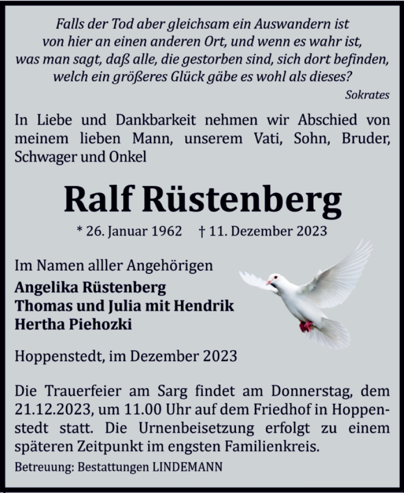  Traueranzeige für Ralf Rüstenberg vom 16.12.2023 aus Volksstimme Halberstadt