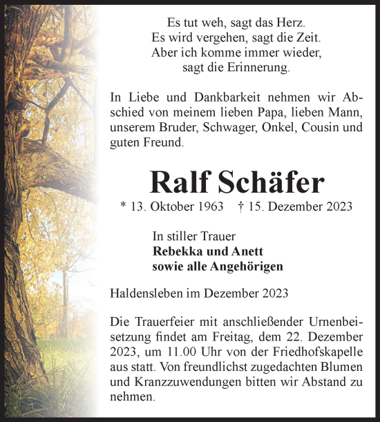 Traueranzeige von Ralf Schäfer von Volksstimme Haldensleben/Wolmirstedt
