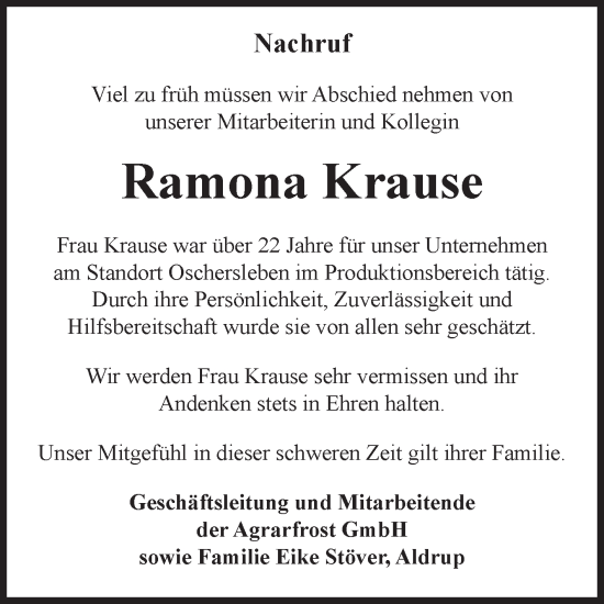 Traueranzeige von Ramona Krause von Volksstimme Oschersleben/Wanzleben