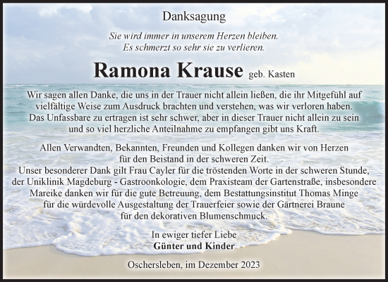 Traueranzeige von Ramona Krause von Volksstimme Oschersleben/Wanzleben