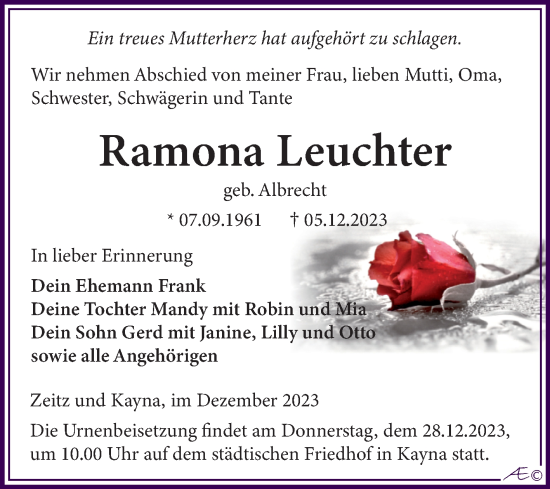 Traueranzeige von Ramona Leuchter von Trauerkombi Zeitz