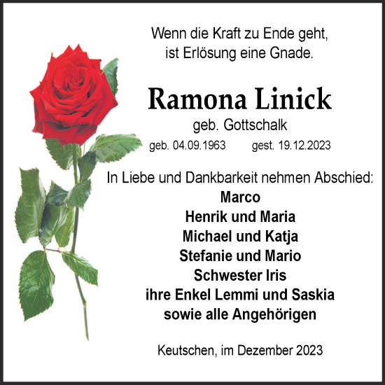 Traueranzeige von Ramona Linick von Trauerkombi Weißenfels