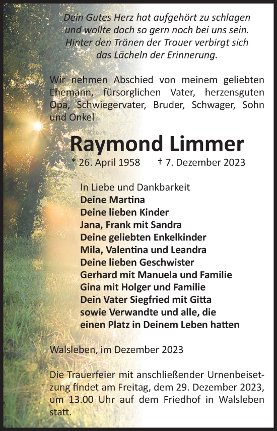 Traueranzeige von Raymond Limmer von Volksstimme Altmark Ost