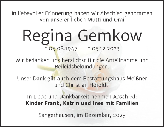 Traueranzeige von Regina Gemkow von Trauerkombi Sangerhausen