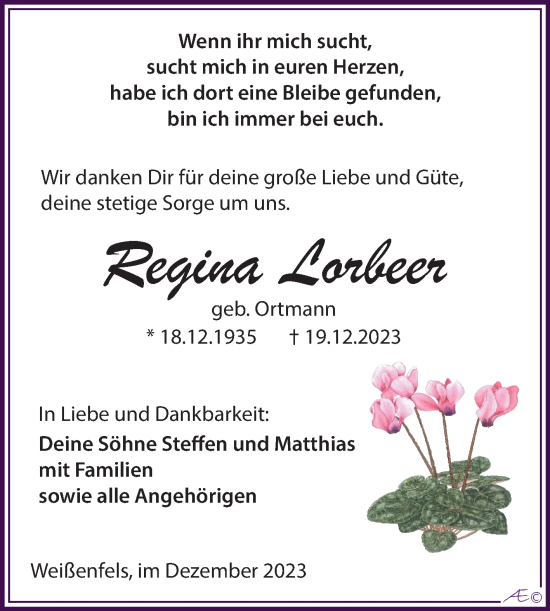 Traueranzeige von Regina Lorbeer von Trauerkombi Weißenfels