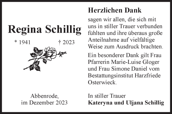 Traueranzeige von Regina Schillig von Volksstimme Wernigerode