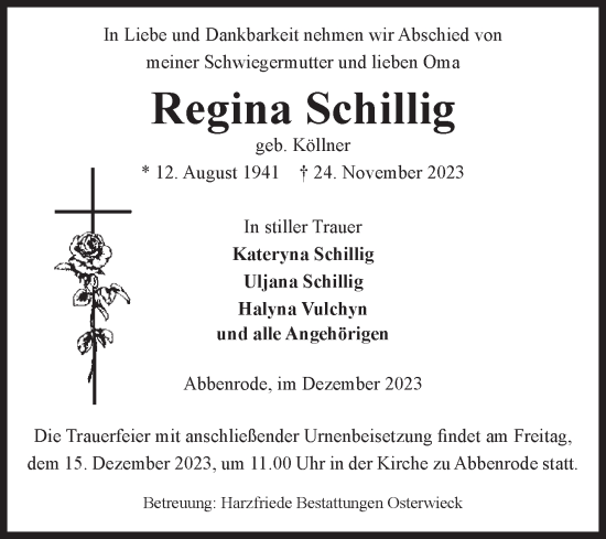 Traueranzeige von Regina Schillig von Volksstimme Wernigerode