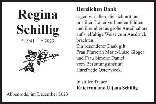 Traueranzeige von Regina Schillig von Volksstimme Halberstadt