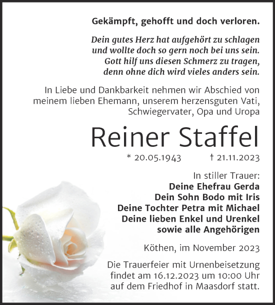 Traueranzeige von Reiner Staffel von Trauerkombi Köthen