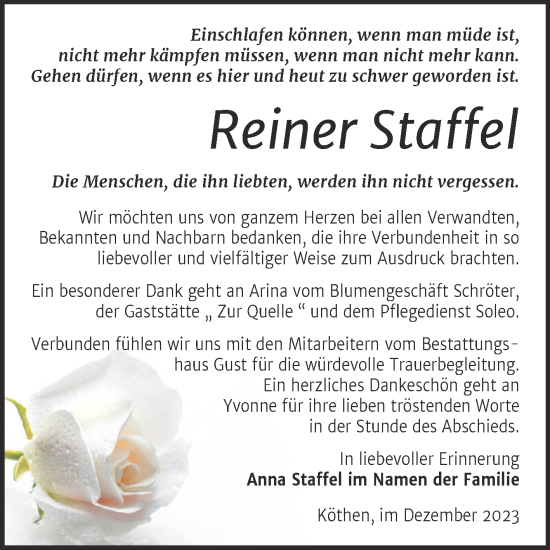 Traueranzeige von Reiner Staffel von Trauerkombi Köthen