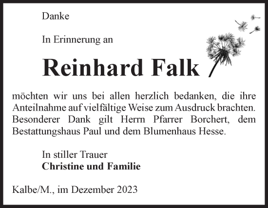 Traueranzeige von Reinhard Falk von Volksstimme Altmark West