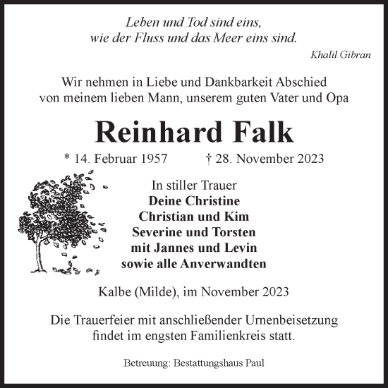 Traueranzeige von Reinhard Falk von Volksstimme Altmark West