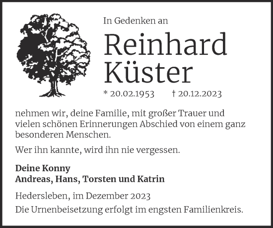 Traueranzeige von Reinhard Küster von Trauerkombi Quedlinburg