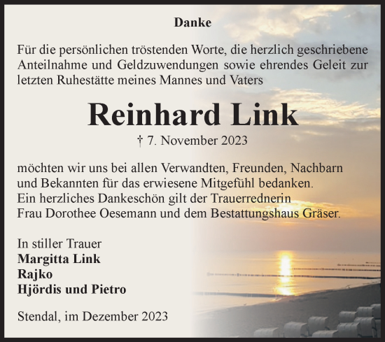 Traueranzeige von Reinhard Link von Volksstimme Altmark Ost