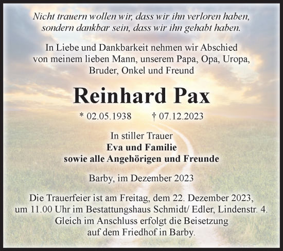 Traueranzeige von Reinhard Pax von Volksstimme Schönebeck