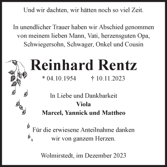 Traueranzeige von Reinhard Rentz von Volksstimme Haldensleben/Wolmirstedt