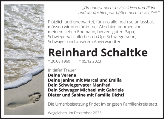 Traueranzeige von Reinhard Schaltke von Volksstimme Halberstadt