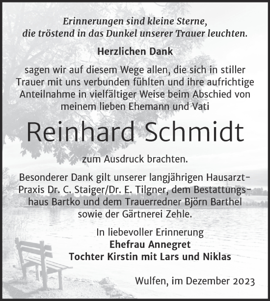 Traueranzeige von Reinhard Schmidt von Trauerkombi Köthen
