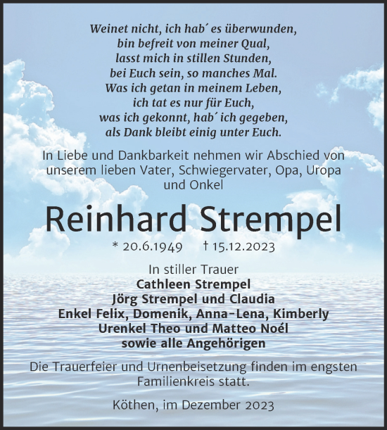 Traueranzeige von Reinhard Strempel von Trauerkombi Köthen
