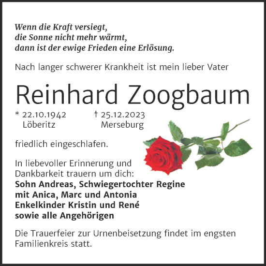 Traueranzeige von Reinhard Zoogbaum von Trauerkombi Merseburg