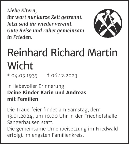 Traueranzeige von Reinhard Richard Martin Wicht von Trauerkombi Sangerhausen