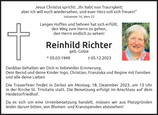Traueranzeige von Reinhild Richter von Volksstimme Zerbst