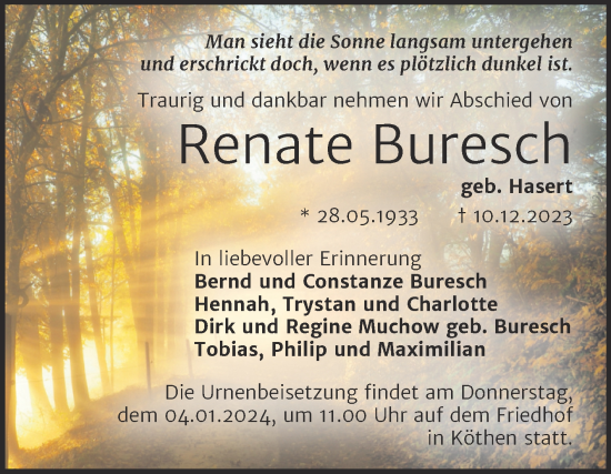 Traueranzeige von Renate Buresch von Mitteldeutsche Zeitung Köthen