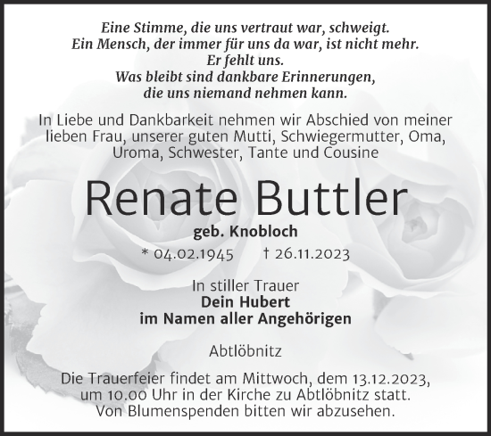 Traueranzeige von Renate Buttler von Wochenspiegel Naumburg/Nebra