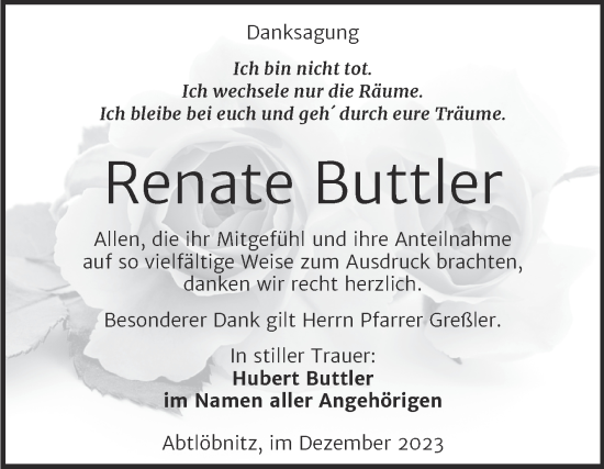 Traueranzeige von Renate Buttler von Wochenspiegel Naumburg/Nebra