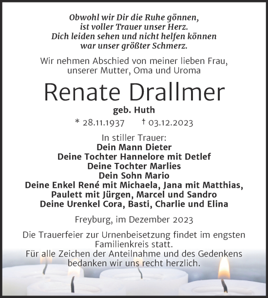 Traueranzeige von Renate Drallmer von Wochenspiegel Naumburg/Nebra