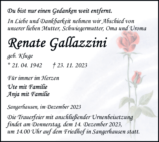 Traueranzeige von Renate Gallazzini von Trauerkombi Sangerhausen