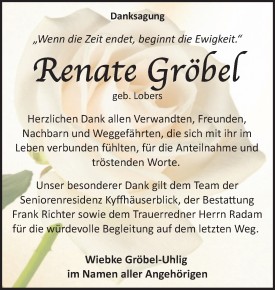 Traueranzeige von Renate Gröbel von Mitteldeutsche Zeitung Mansfelder Land