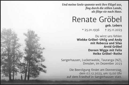 Traueranzeige von Renate Gröbel von Mitteldeutsche Zeitung Sangerhausen
