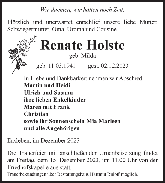 Traueranzeige von Renate Holste von Volksstimme Haldensleben/Wolmirstedt