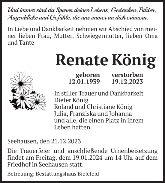 Traueranzeige von Renate König von Volksstimme Altmark Ost