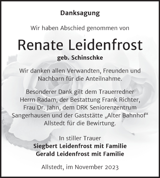 Traueranzeige von Renate Leidenfrost von Trauerkombi Sangerhausen