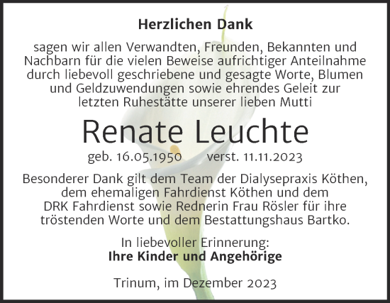 Traueranzeige von Renate Leuchte von Trauerkombi Köthen