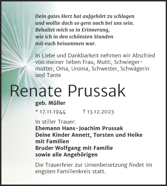 Traueranzeige von Renate Prussak von Trauerkombi Mansfelder Land