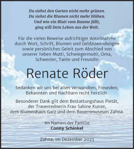 Traueranzeige von Renate Röder von Trauerkombi Wittenberg
