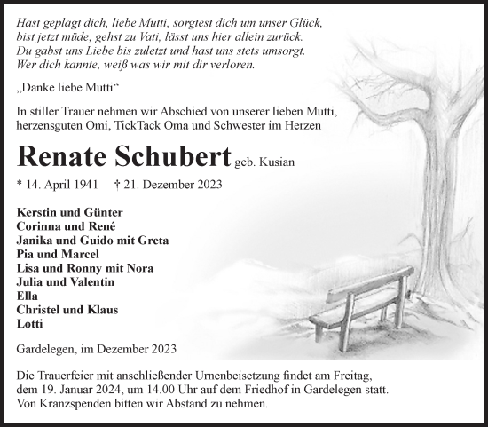 Traueranzeige von Renate Schubert von Volksstimme Altmark West