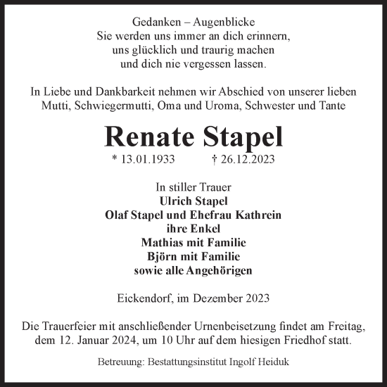 Traueranzeige von Renate Stapel von Volksstimme Schönebeck