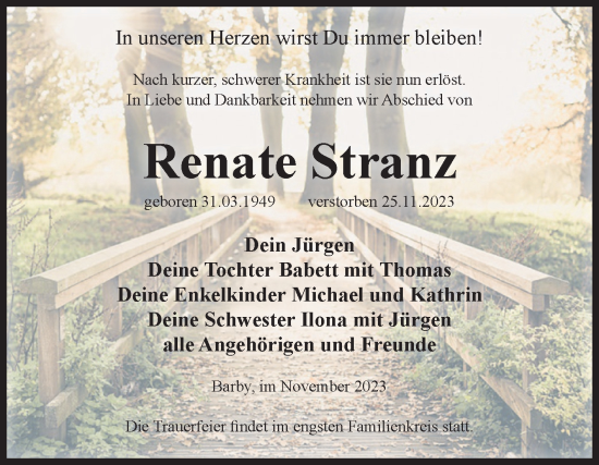 Traueranzeige von Renate Stranz von Volksstimme Schönebeck
